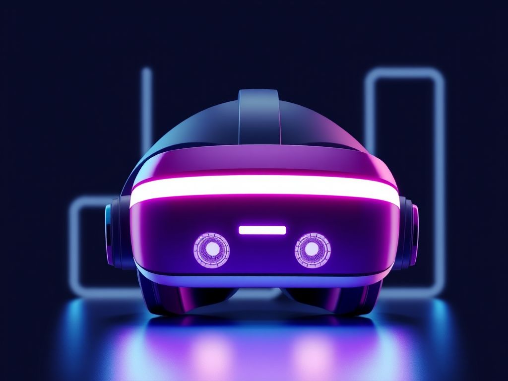 A futuristic user wearing advanced virtual reality headset and gloves in a living room setting with realistic digital scenery overlaying the real world view.