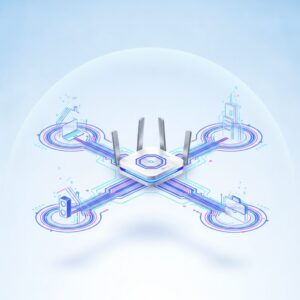 A sleek, futuristic WiFi 7 router, glowing softly with blue light, positioned on a minimalist desk in a modern home, with blurred digital network lines radiating outwards.