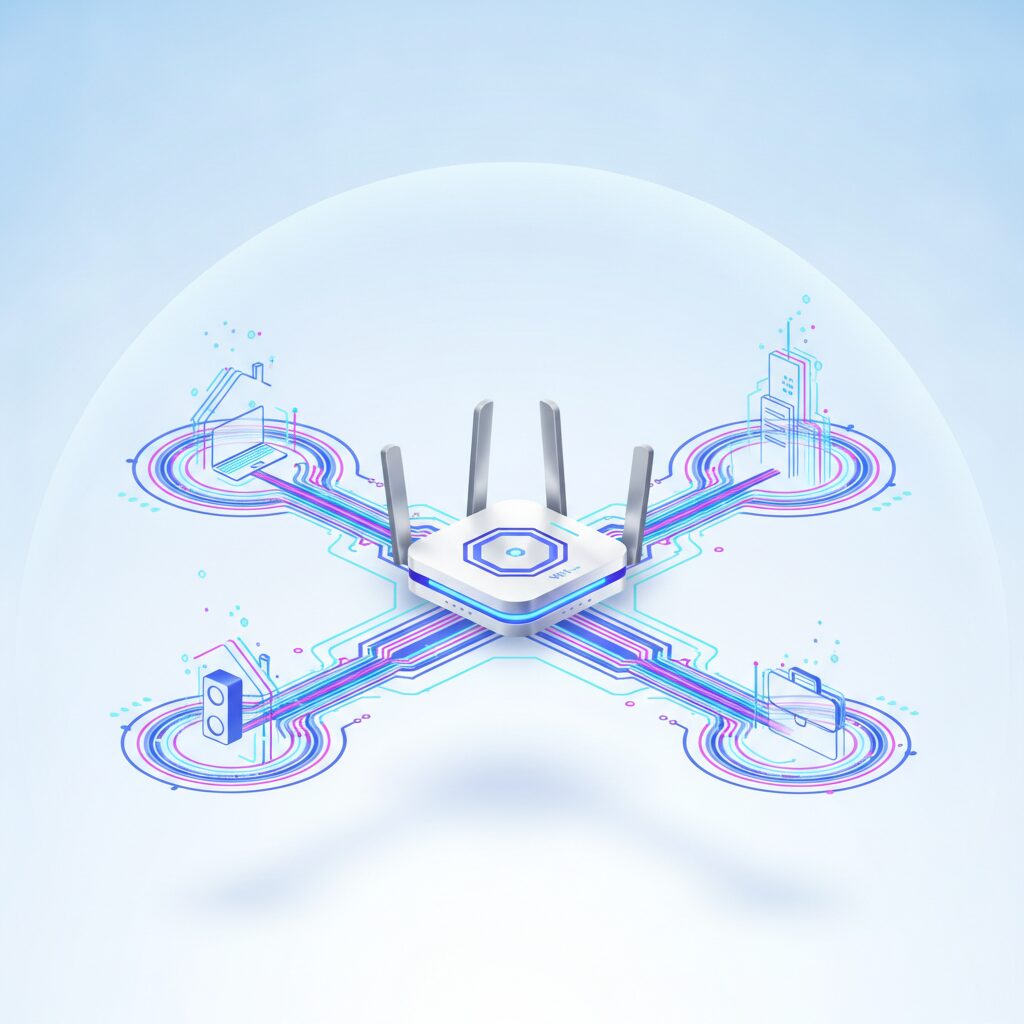 A sleek, futuristic WiFi 7 router, glowing softly with blue light, positioned on a minimalist desk in a modern home, with blurred digital network lines radiating outwards.