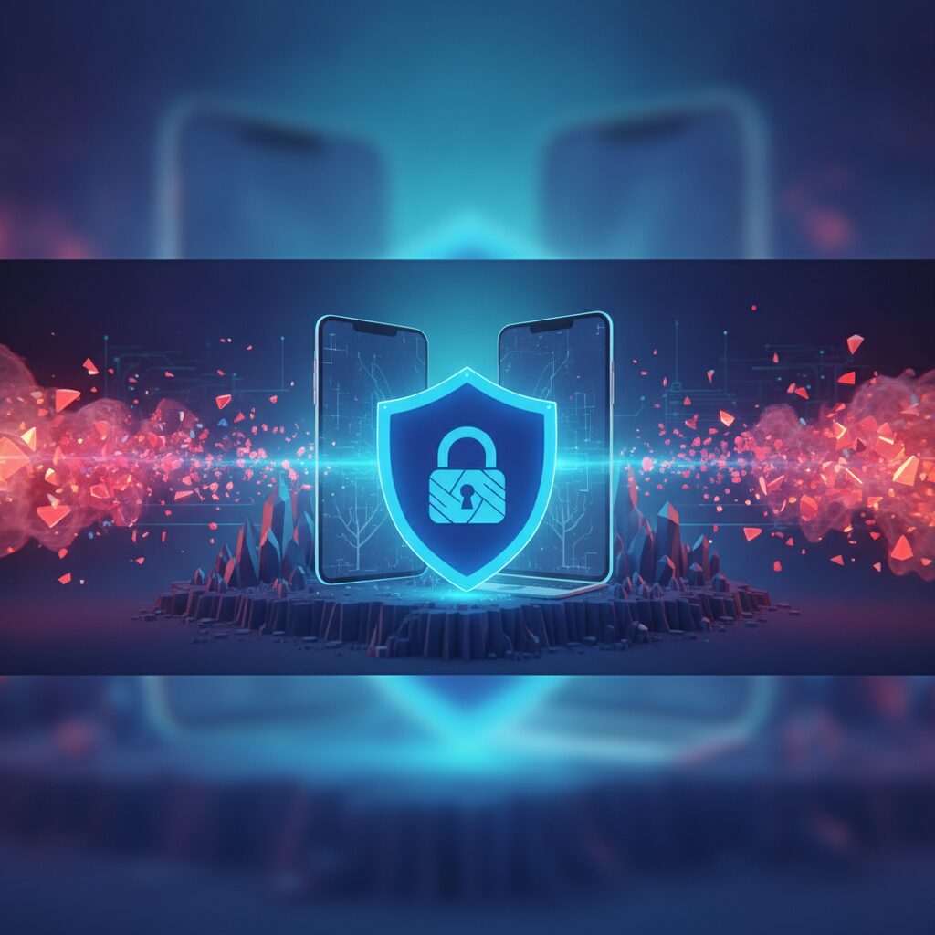 Abstract representation of a secure digital network with glowing data streams and shield icons, symbolizing advanced data protection and strategic cyber defense for 2026.