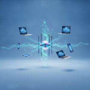 A futuristic network hub glowing with vibrant data streams, symbolizing the speed and advanced capabilities of WiFi 7 technology. Digital connections expand across a clean, abstract background.