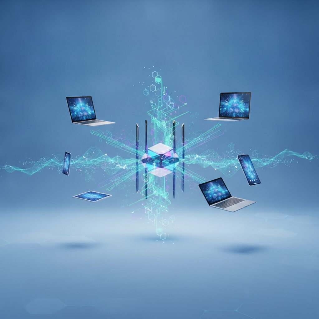 A futuristic network hub glowing with vibrant data streams, symbolizing the speed and advanced capabilities of WiFi 7 technology. Digital connections expand across a clean, abstract background.