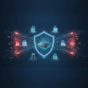 A stylized digital shield covering a modern home silhouette with interconnected smart devices, representing robust home network security and data protection.