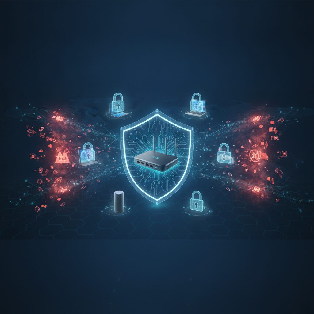 A stylized digital shield covering a modern home silhouette with interconnected smart devices, representing robust home network security and data protection.