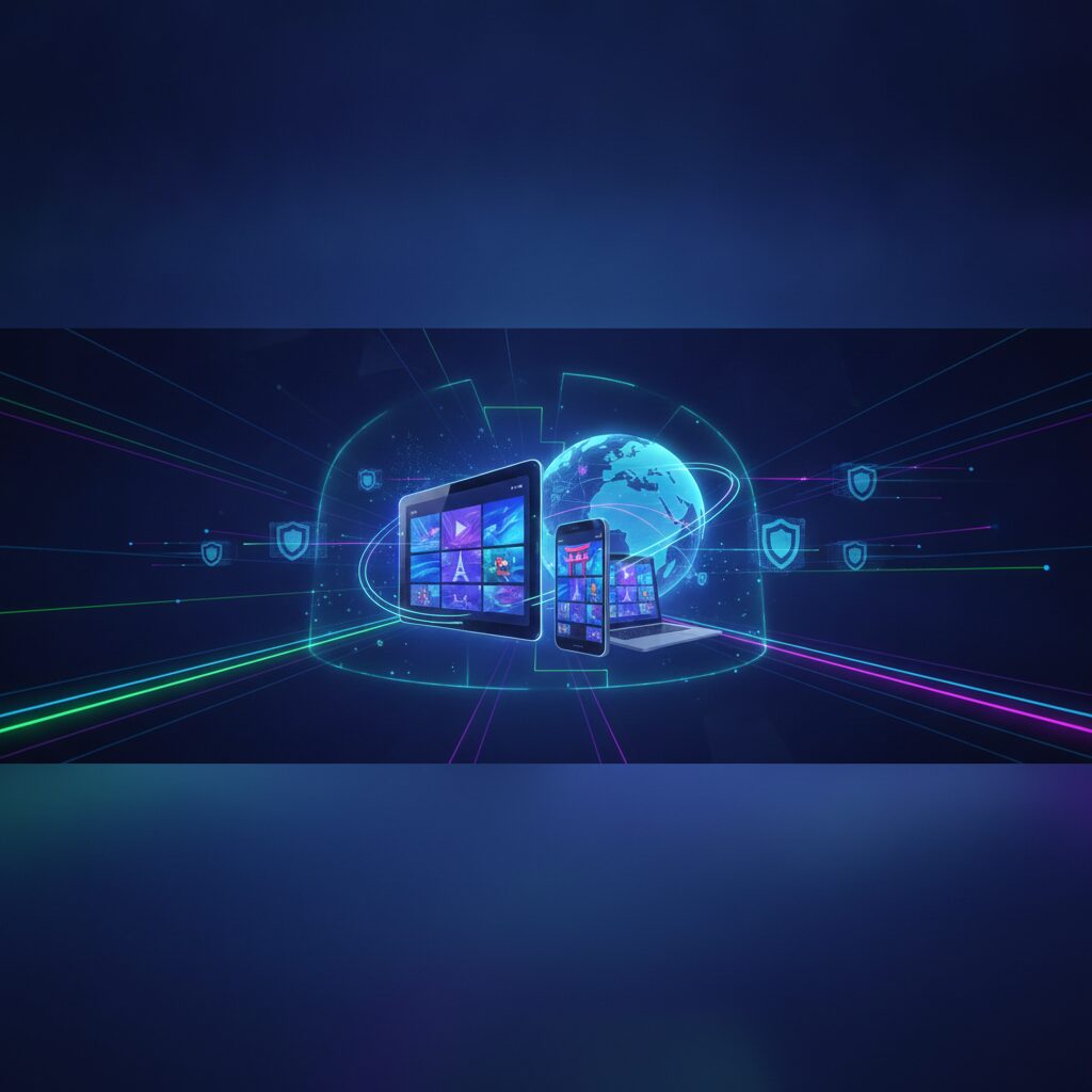 A futuristic digital shield protecting a network connection, with data streams flowing securely, illustrating advanced VPN technology.