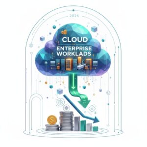 Abstract visualization of cloud infrastructure with financial graphs and data flows, representing enterprise cost optimization and strategic planning.