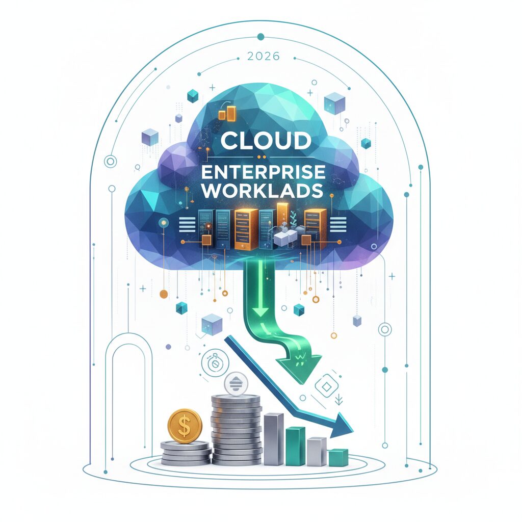 Abstract visualization of cloud infrastructure with financial graphs and data flows, representing enterprise cost optimization and strategic planning.