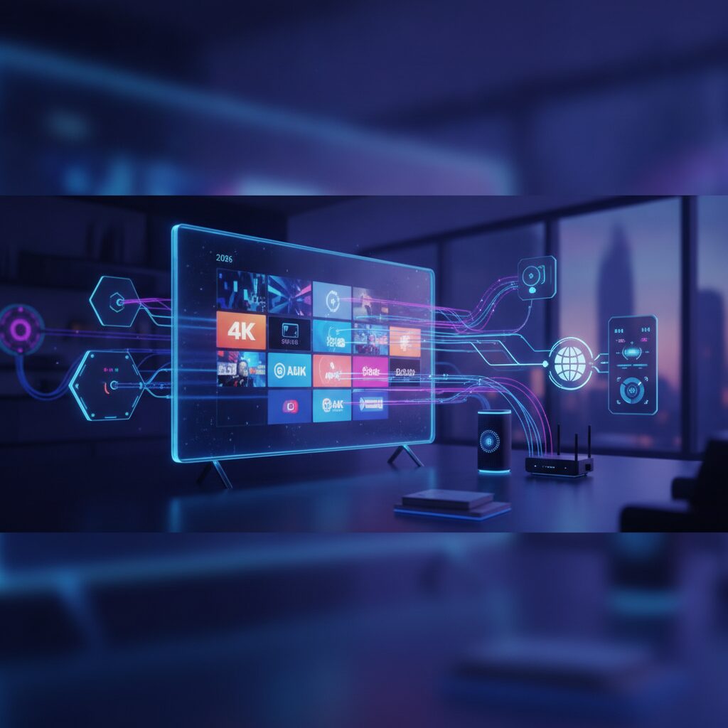A modern living room with a sleek 4K TV displaying vibrant content, surrounded by various smart home devices subtly integrated, connected by a glowing network router.