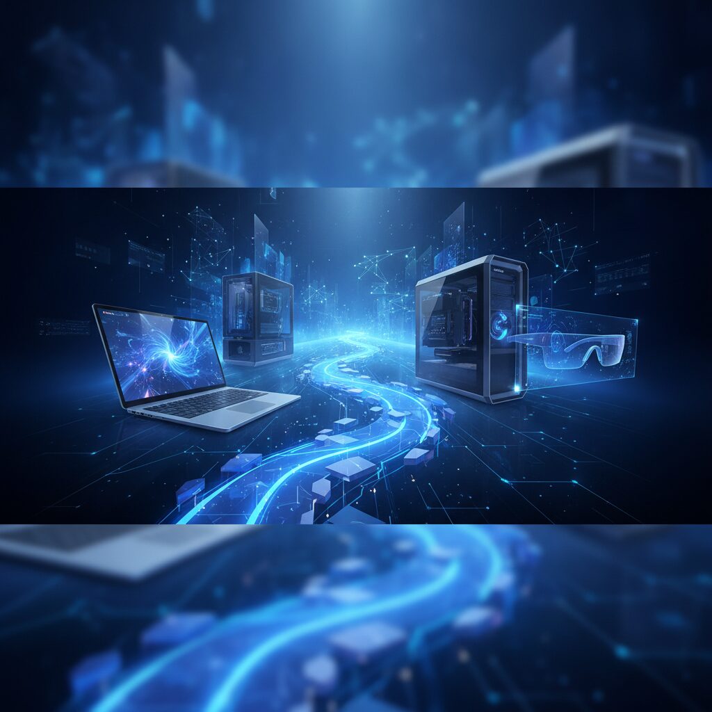 A sleek, futuristic desk setup featuring a holographic display, an ergonomic keyboard, and a powerful, minimalist computer tower, bathed in soft ambient light.