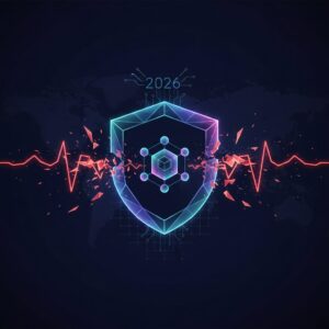 A futuristic digital landscape with glowing data streams safeguarded by abstract quantum encryption symbols, illustrating robust digital defenses against advanced threats.