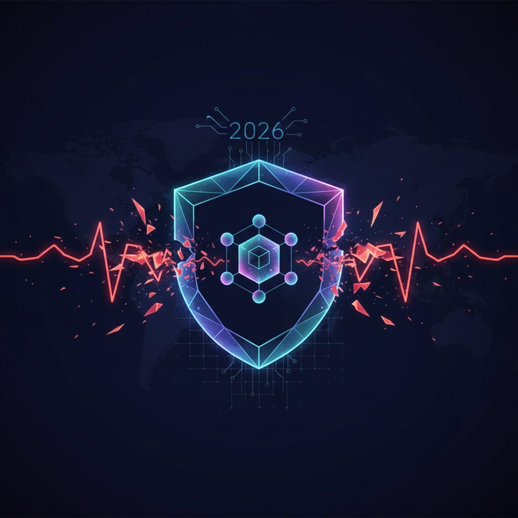 A futuristic digital landscape with glowing data streams safeguarded by abstract quantum encryption symbols, illustrating robust digital defenses against advanced threats.