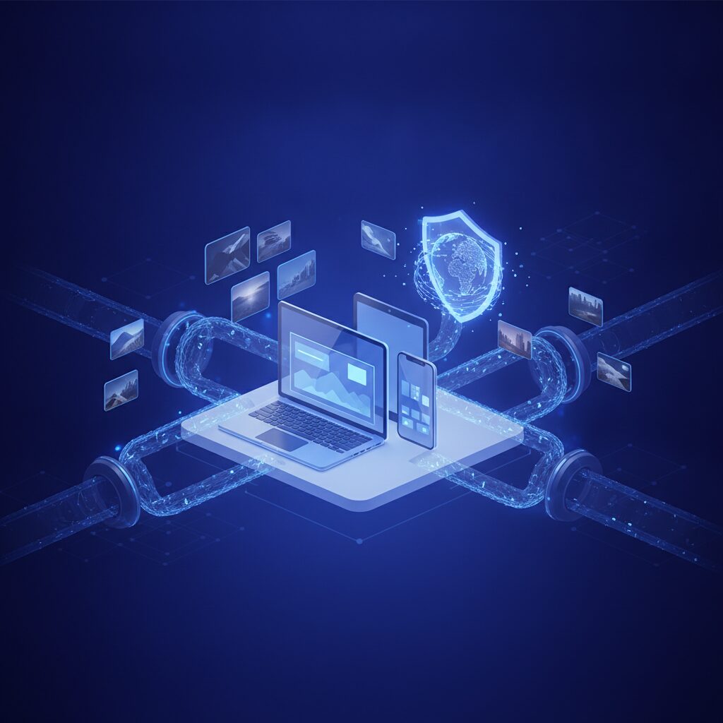 Abstract representation of a secure network tunnel with glowing lines, a futuristic padlock icon, and subtle quantum computing elements like qubits.