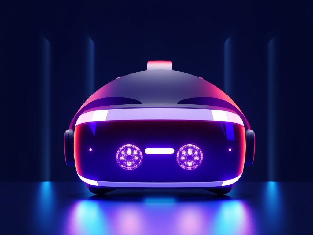 A person wearing a futuristic VR headset, immersed in a virtual environment with advanced haptic feedback and realistic graphics