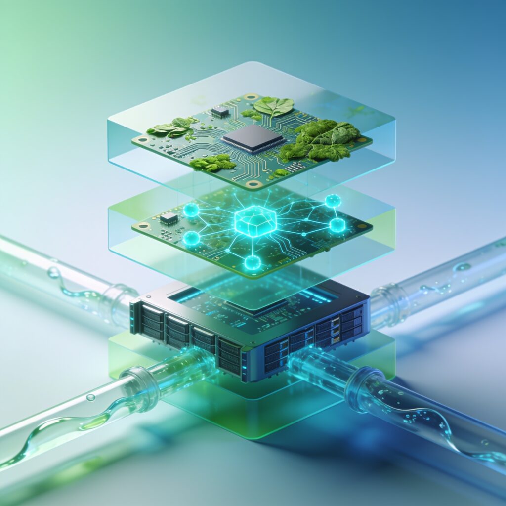 Sleek modern data center interior featuring green rooftop solar panels, vertical gardens, energy‑efficient racks and cool blue lighting, eco‑friendly tech