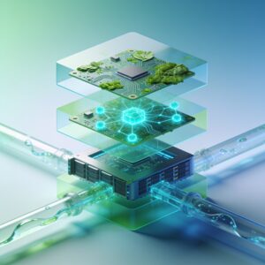 Sleek modern data center interior featuring green rooftop solar panels, vertical gardens, energy‑efficient racks and cool blue lighting, eco‑friendly tech