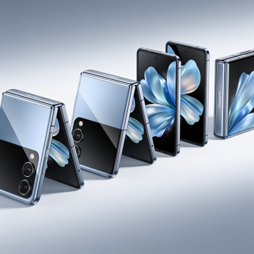 A sleek foldable smartphone on display with a futuristic cityscape backdrop