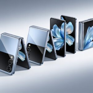 A sleek foldable smartphone on display with a futuristic cityscape backdrop