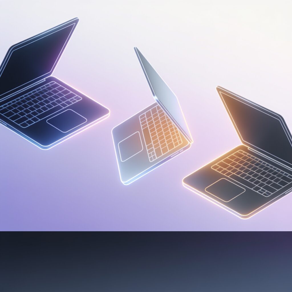 Sleek thin laptop on a wooden desk beside a coffee mug and notebook