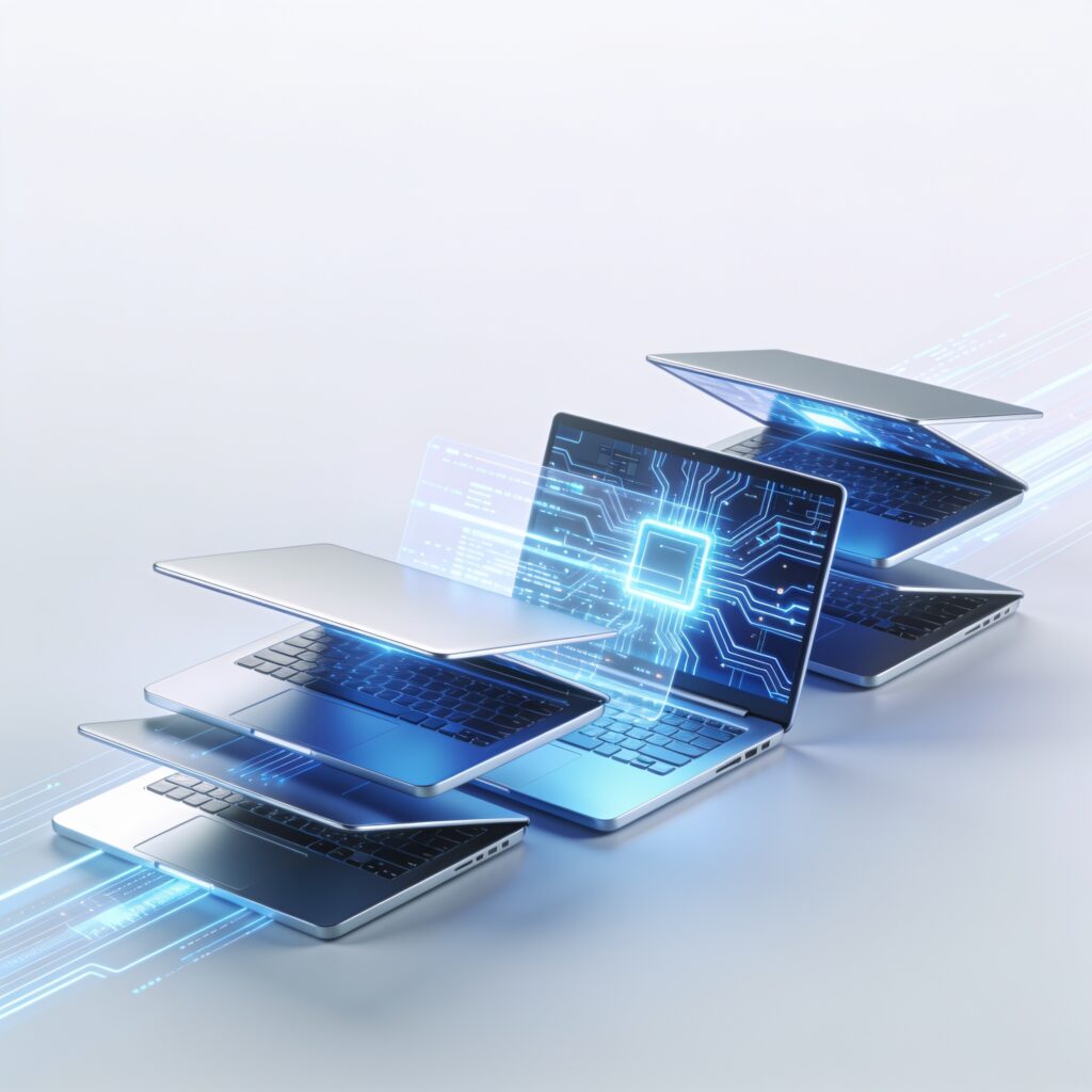 A high-end sleek laptop sits on a minimalist desk with soft blue ambient lighting and neural network patterns on the screen.