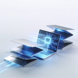 A high-end sleek laptop sits on a minimalist desk with soft blue ambient lighting and neural network patterns on the screen.
