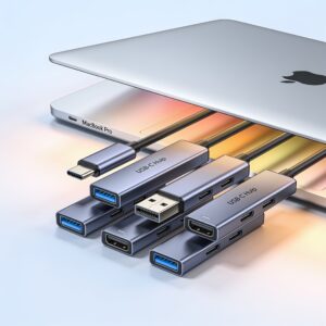A sleek silver MacBook Pro 2026 connected to a compact USB-C hub featuring ports like HDMI, USB-A, and SD slots on a clean white desk