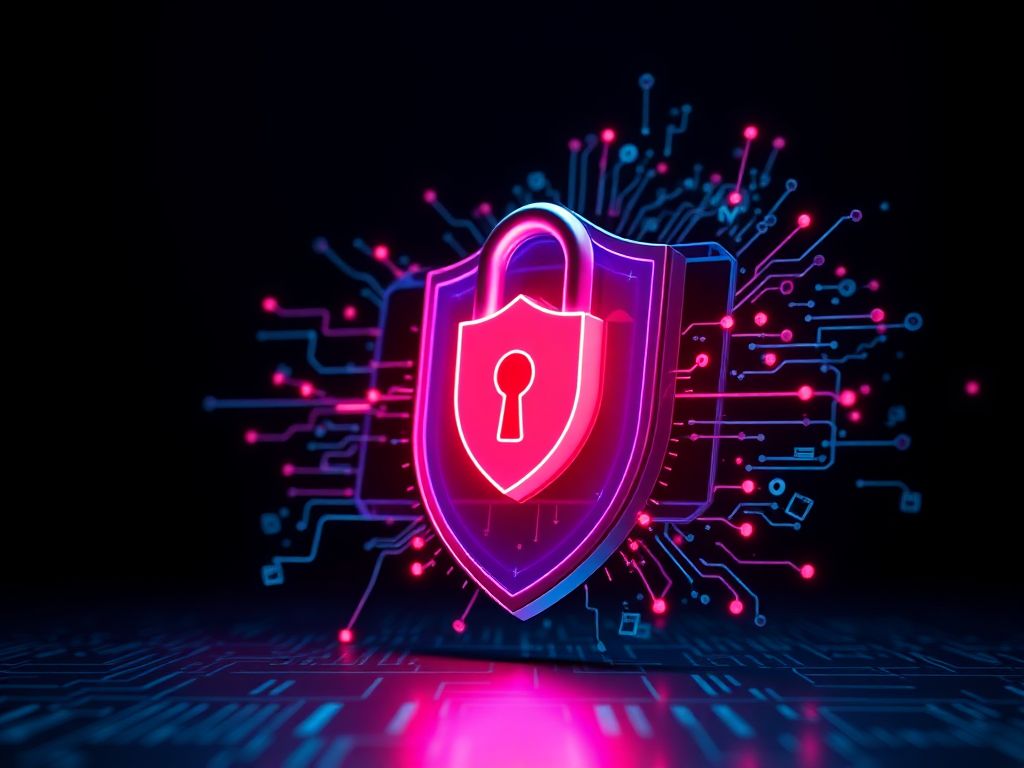 A professional desk setup with a laptop and security elements like encrypted files and lock icons
