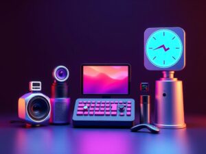 A futuristic workstation with high-tech gadgets and a creative professional working on design projects