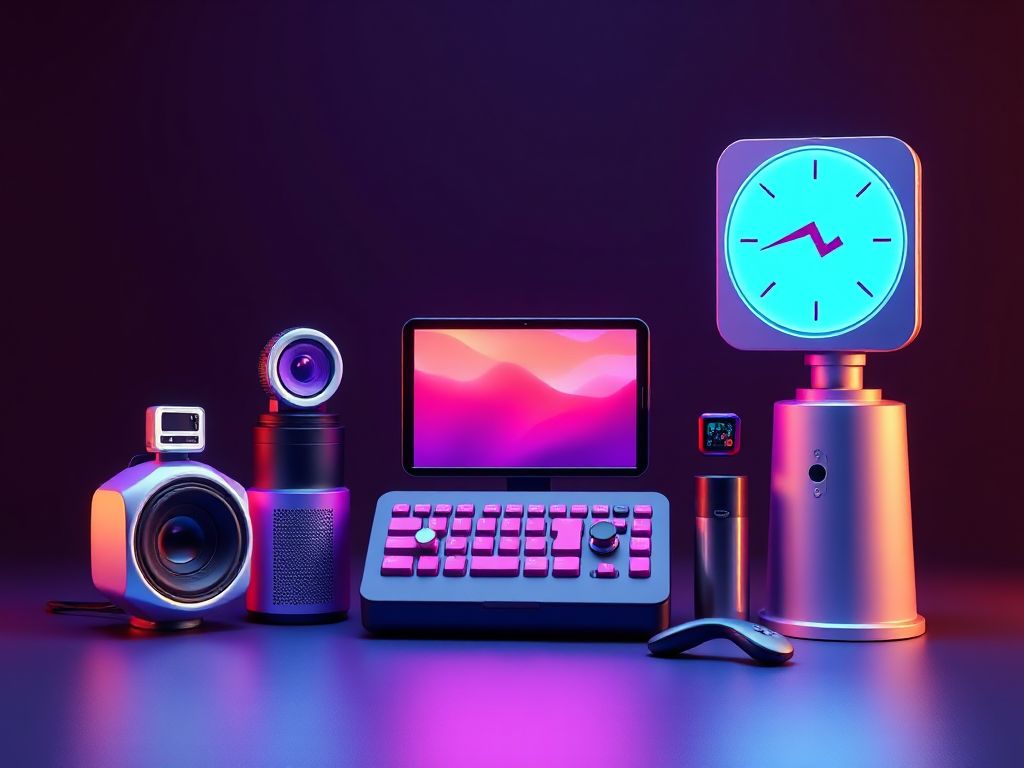 A futuristic workstation with high-tech gadgets and a creative professional working on design projects