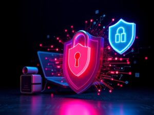 A modern home office with a laptop and security equipment like encrypted USB drives and multi-factor authentication devices on desk, books about cybersecurity nearby