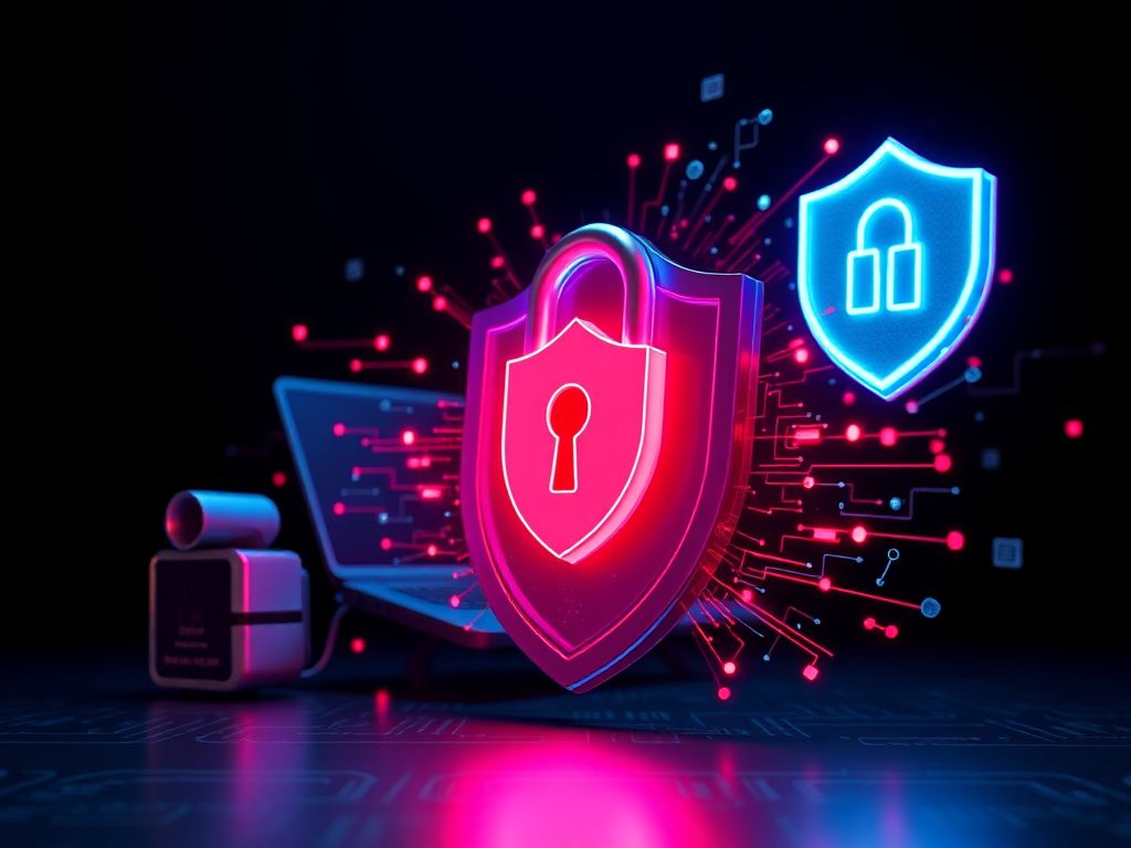 A modern home office with a laptop and security equipment like encrypted USB drives and multi-factor authentication devices on desk, books about cybersecurity nearby