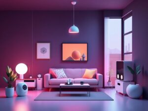Living room with smart home devices including voice assistants, security cameras, and automated lights
