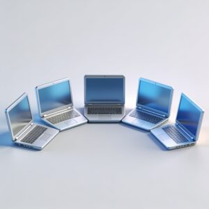 Five modern budget laptops lined up on a minimalist desk, each showing a crisp screen with a clean workspace background