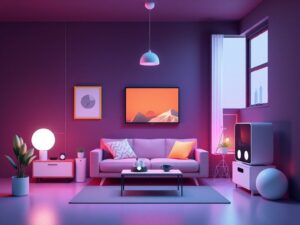 Living room with smart devices such as a voice-controlled speaker, smart thermostat, and robotic vacuum cleaner