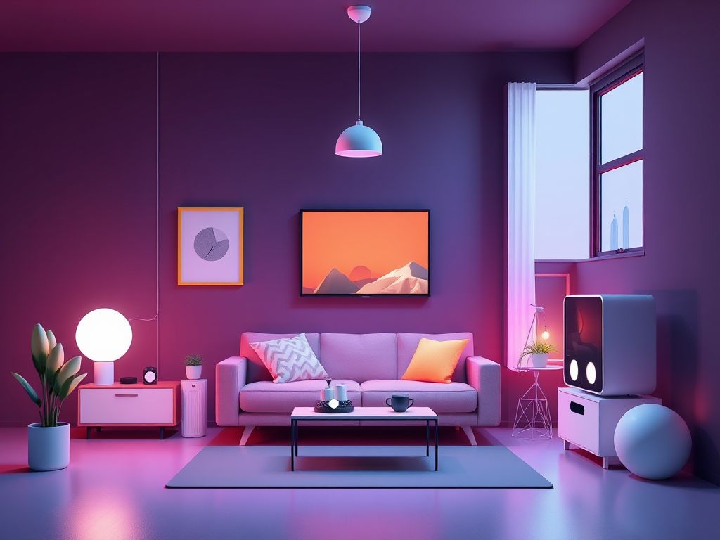 Living room with smart devices such as a voice-controlled speaker, smart thermostat, and robotic vacuum cleaner