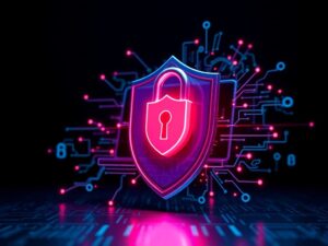 Remote worker using a secure laptop and encrypted devices in a home office setting.
