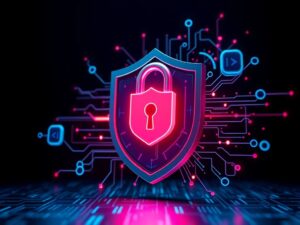 Modern cybersecurity tools and technologies protecting digital assets against threats in a futuristic office setting