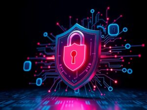 A digital cityscape with advanced technology and cybersecurity elements such as encrypted data icons, AI analysis, and secure networks protecting a modern metropolis at night.