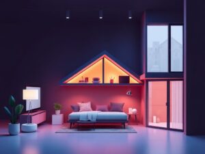 A futuristic smart home with integrated technology including voice assistants, lighting, and security systems