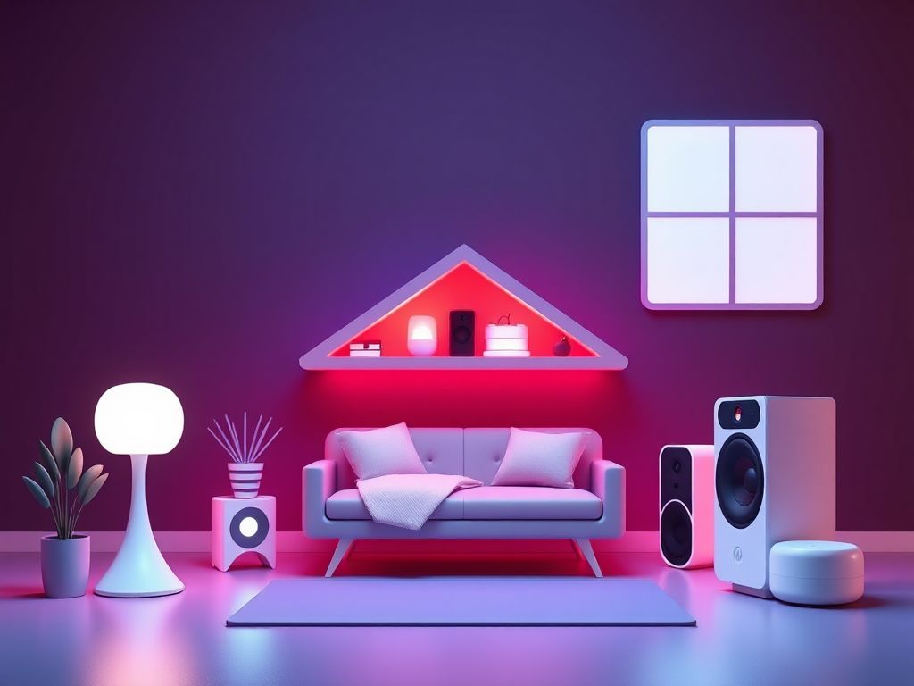 Living room with futuristic smart home devices such as voice-controlled lights, robotic vacuum cleaner, and a large touchscreen display