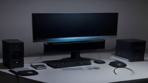 A futuristic gaming PC with an illuminated RTX 5090 graphics card showcasing performance optimization settings on a dark gaming setup