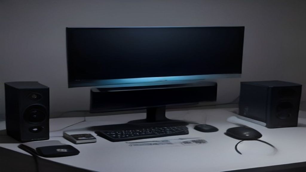 A futuristic gaming PC with an illuminated RTX 5090 graphics card showcasing performance optimization settings on a dark gaming setup