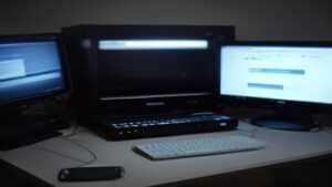Sleek gaming PC with glowing neural network overlay, showing AI-tuned performance metrics and rising FPS graph on a dark blue background