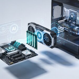 Futuristic desktop computer with glowing components and holographic AI interface on a clean desk