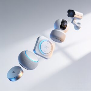 A sleek smart home setup with illuminated devices, voice assistants, and a digital dashboard showing integrated automation controls