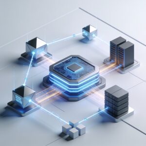 Edge AI servers in an on‑premise data center, with glowing processors, sensor links, and a dashboard showing analytics under blue lighting