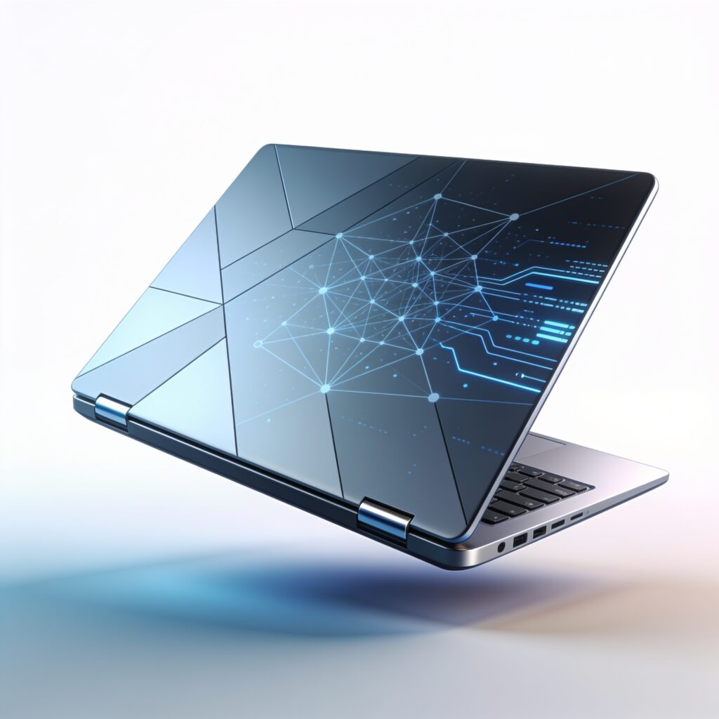High-end laptop on a minimalist desk displaying complex neural network data visualizations