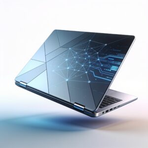 High-end laptop on a minimalist desk displaying complex neural network data visualizations