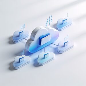 A modern laptop on a clean office desk showing a digital glowing cloud icon representing secure data backup.