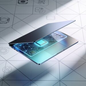 Professional using AI-optimized laptop with glowing neural network patterns on screen in modern office setting