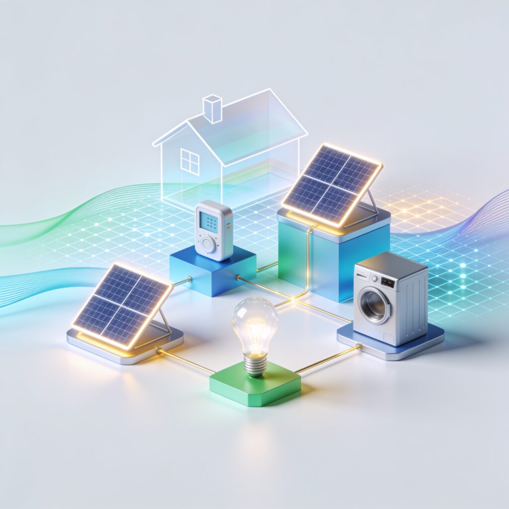 Modern house with sleek solar roof tiles, battery storage, and smart energy dashboard on a sunny day